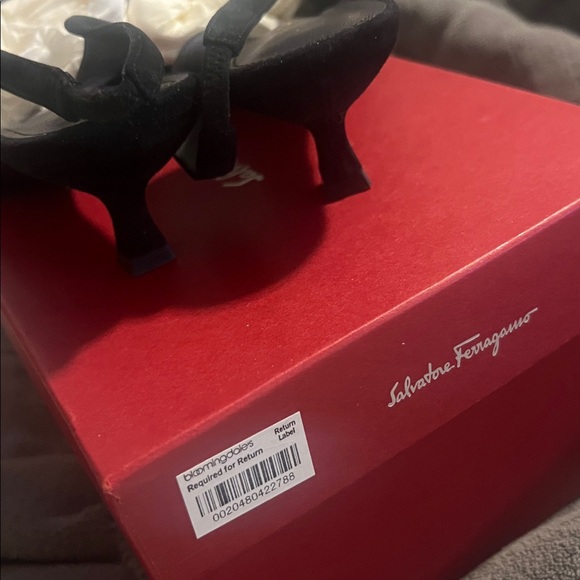 Salvatore Ferragamo Black Suede Heels with Gold Bow Detail - Picture 9 of 9